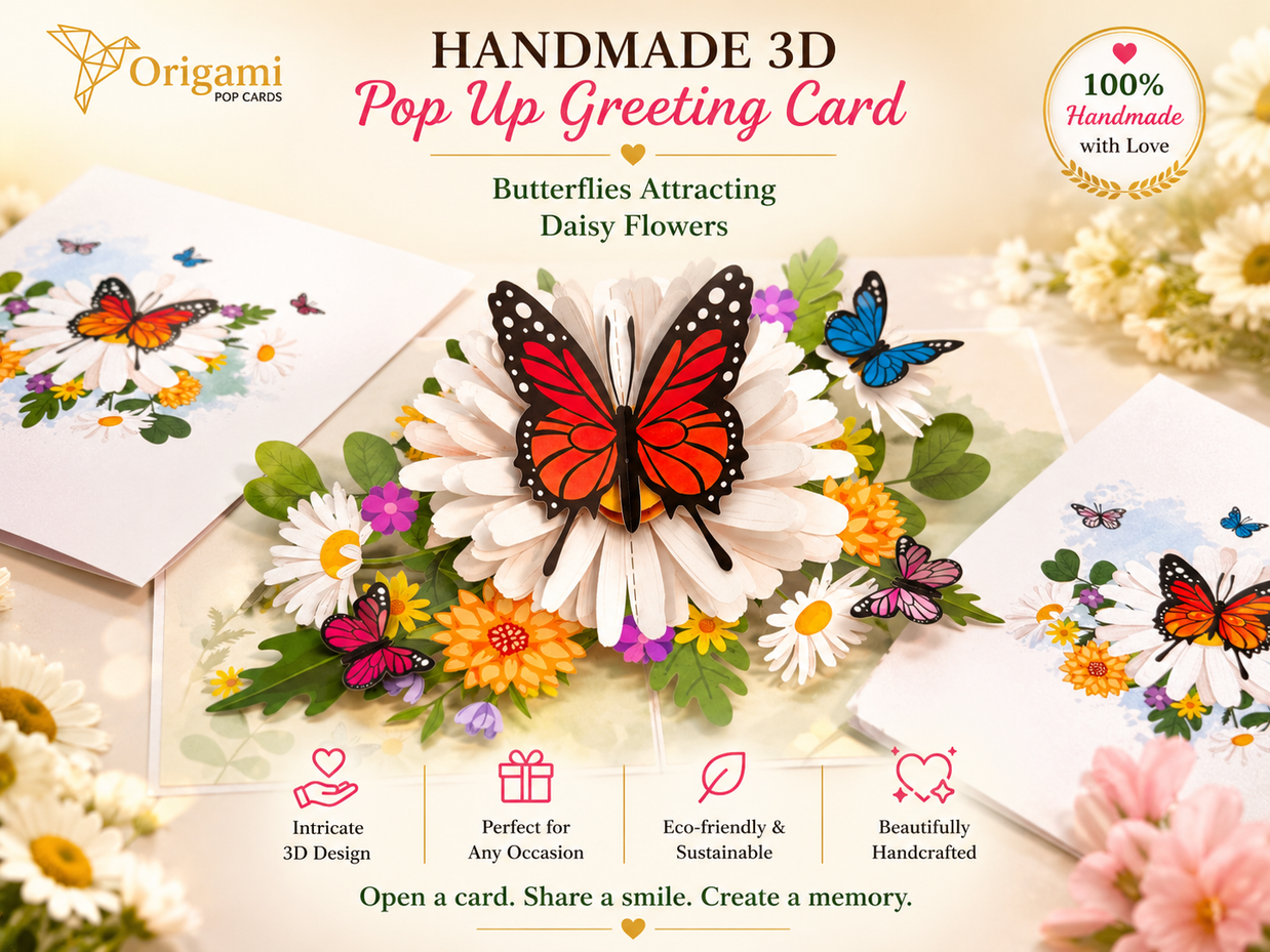 Butterflies Attracting Daisy Flowers Origami Pop Cards 3D Pop Up Greeting Card Happy Birthday Thank You Handmade Gift Thinking of You Blank Card for Any Occasion Happy Mother's Day Happy Father's Australiana Celebrate the Beauty of Flower (Copy)