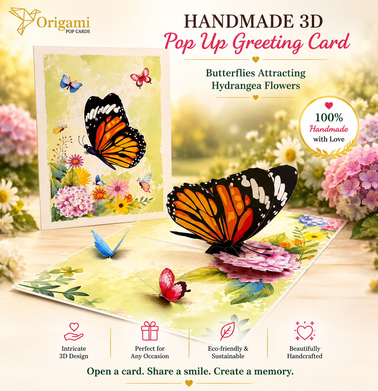 Butterflies Attracting Hydrangea Flowers Origami Pop Cards 3D Pop Up Greeting Card Happy Birthday Thank You Handmade Gift Thinking of You Blank Card for Any Occasion Happy Mother's Day Happy Father's Australiana Celebrate the Beauty of Flower