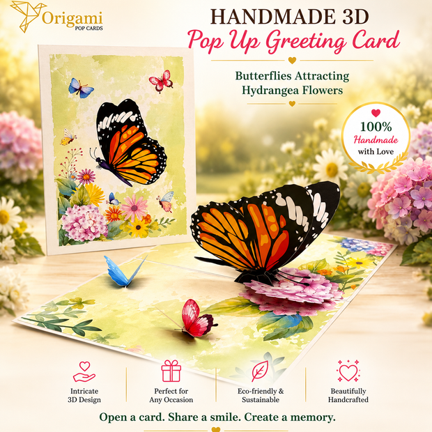 Butterflies Attracting Hydrangea Flowers Origami Pop Cards 3D Pop Up Greeting Card Happy Birthday Thank You Handmade Gift Thinking of You Blank Card for Any Occasion Happy Mother's Day Happy Father's Australiana Celebrate the Beauty of Flower