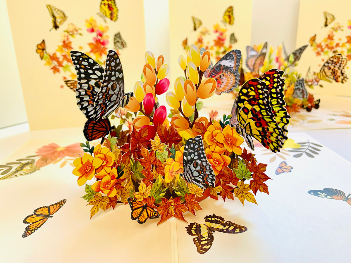 Butterflies Resting on a Bed of Autumn Leaves & Flowers Origami Pop Cards 3D Pop Up Greeting Card Happy Birthday Thank You Handmade Gift Thinking of You Blank Card for Any Occasion Happy Mother's Day Australiana Celebrate the Beauty of Flower