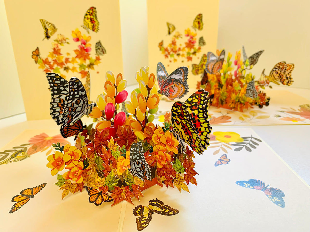 Butterflies Resting on a Bed of Autumn Leaves & Flowers Origami Pop Cards 3D Pop Up Greeting Card Happy Birthday Thank You Handmade Gift Thinking of You Blank Card for Any Occasion Happy Mother's Day Australiana Celebrate the Beauty of Flower