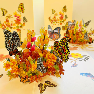 Butterflies Resting on a Bed of Autumn Leaves & Flowers Origami Pop Cards 3D Pop Up Greeting Card Happy Birthday Thank You Handmade Gift Thinking of You Blank Card for Any Occasion Happy Mother's Day Australiana Celebrate the Beauty of Flower