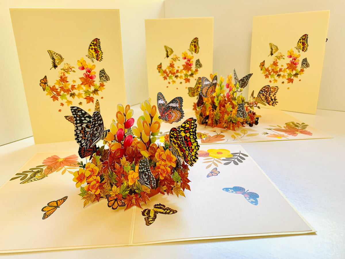 Butterflies Resting on a Bed of Autumn Leaves & Flowers Origami Pop Cards 3D Pop Up Greeting Card Happy Birthday Thank You Handmade Gift Thinking of You Blank Card for Any Occasion Happy Mother's Day Australiana Celebrate the Beauty of Flower