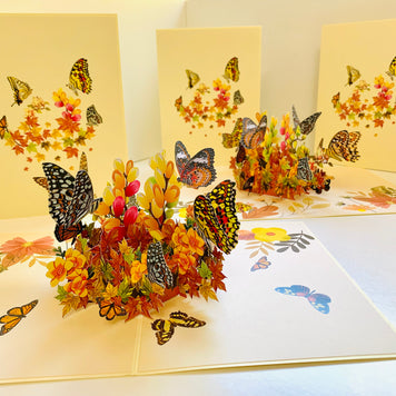 Butterflies Resting on a Bed of Autumn Leaves & Flowers Origami Pop Cards 3D Pop Up Greeting Card Happy Birthday Thank You Handmade Gift Thinking of You Blank Card for Any Occasion Happy Mother's Day Australiana Celebrate the Beauty of Flower