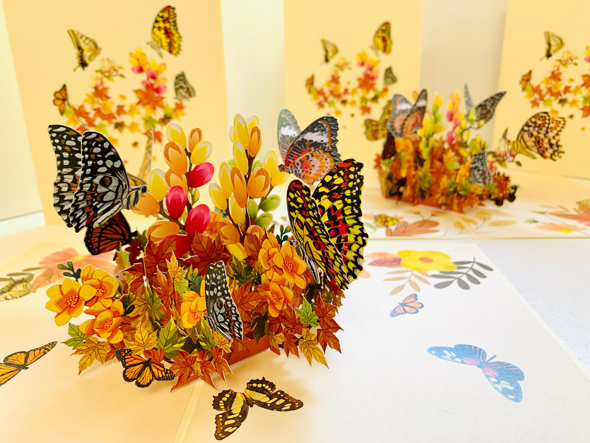Butterflies Resting on a Bed of Autumn Leaves & Flowers Origami Pop Cards 3D Pop Up Greeting Card Happy Birthday Thank You Handmade Gift Thinking of You Blank Card for Any Occasion Happy Mother's Day Australiana Celebrate the Beauty of Flower