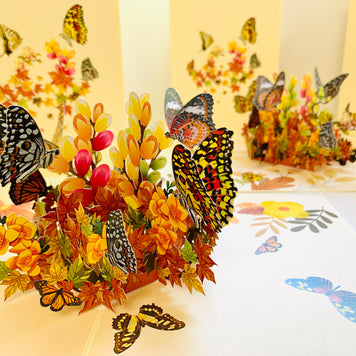 Butterflies Resting on a Bed of Autumn Leaves & Flowers Origami Pop Cards 3D Pop Up Greeting Card Happy Birthday Thank You Handmade Gift Thinking of You Blank Card for Any Occasion Happy Mother's Day Australiana Celebrate the Beauty of Flower