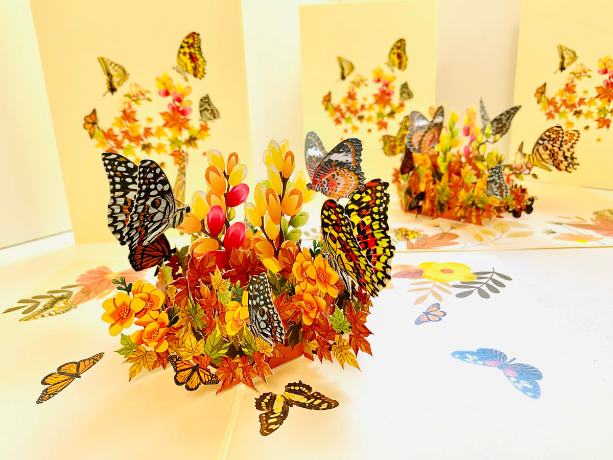 Butterflies Resting on a Bed of Autumn Leaves & Flowers Origami Pop Cards 3D Pop Up Greeting Card Happy Birthday Thank You Handmade Gift Thinking of You Blank Card for Any Occasion Happy Mother's Day Australiana Celebrate the Beauty of Flower