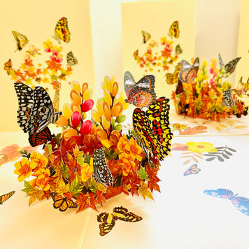 Butterflies Resting on a Bed of Autumn Leaves & Flowers Origami Pop Cards 3D Pop Up Greeting Card Happy Birthday Thank You Handmade Gift Thinking of You Blank Card for Any Occasion Happy Mother's Day Australiana Celebrate the Beauty of Flower