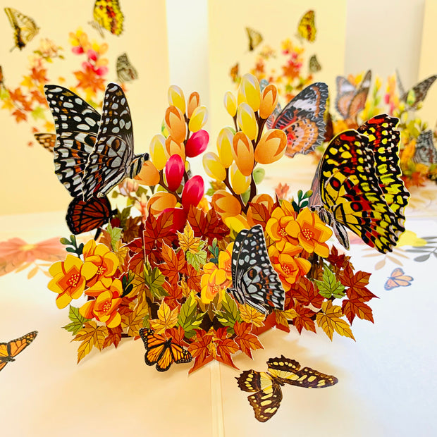Butterflies Resting on a Bed of Autumn Leaves & Flowers Origami Pop Cards 3D Pop Up Greeting Card Happy Birthday Thank You Handmade Gift Thinking of You Blank Card for Any Occasion Happy Mother's Day Australiana Celebrate the Beauty of Flower