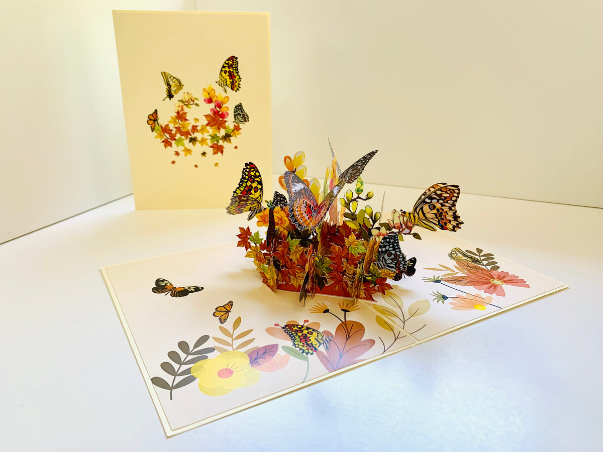 Butterflies Resting on a Bed of Autumn Leaves & Flowers Origami Pop Cards 3D Pop Up Greeting Card Happy Birthday Thank You Handmade Gift Thinking of You Blank Card for Any Occasion Happy Mother's Day Australiana Celebrate the Beauty of Flower
