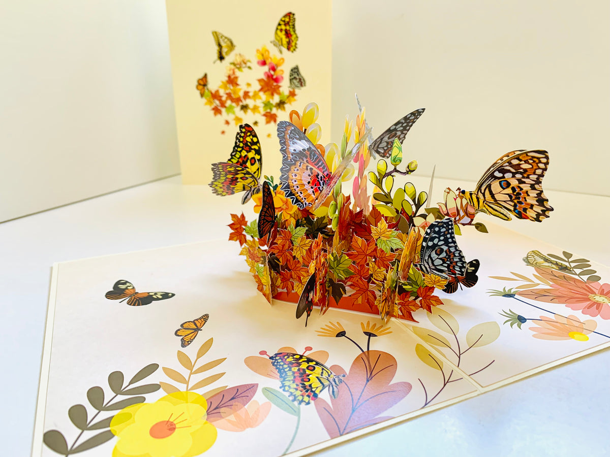 Butterflies Resting on a Bed of Autumn Leaves & Flowers Origami Pop Cards 3D Pop Up Greeting Card Happy Birthday Thank You Handmade Gift Thinking of You Blank Card for Any Occasion Happy Mother's Day Australiana Celebrate the Beauty of Flower