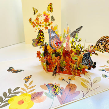 Butterflies Resting on a Bed of Autumn Leaves & Flowers Origami Pop Cards 3D Pop Up Greeting Card Happy Birthday Thank You Handmade Gift Thinking of You Blank Card for Any Occasion Happy Mother's Day Australiana Celebrate the Beauty of Flower