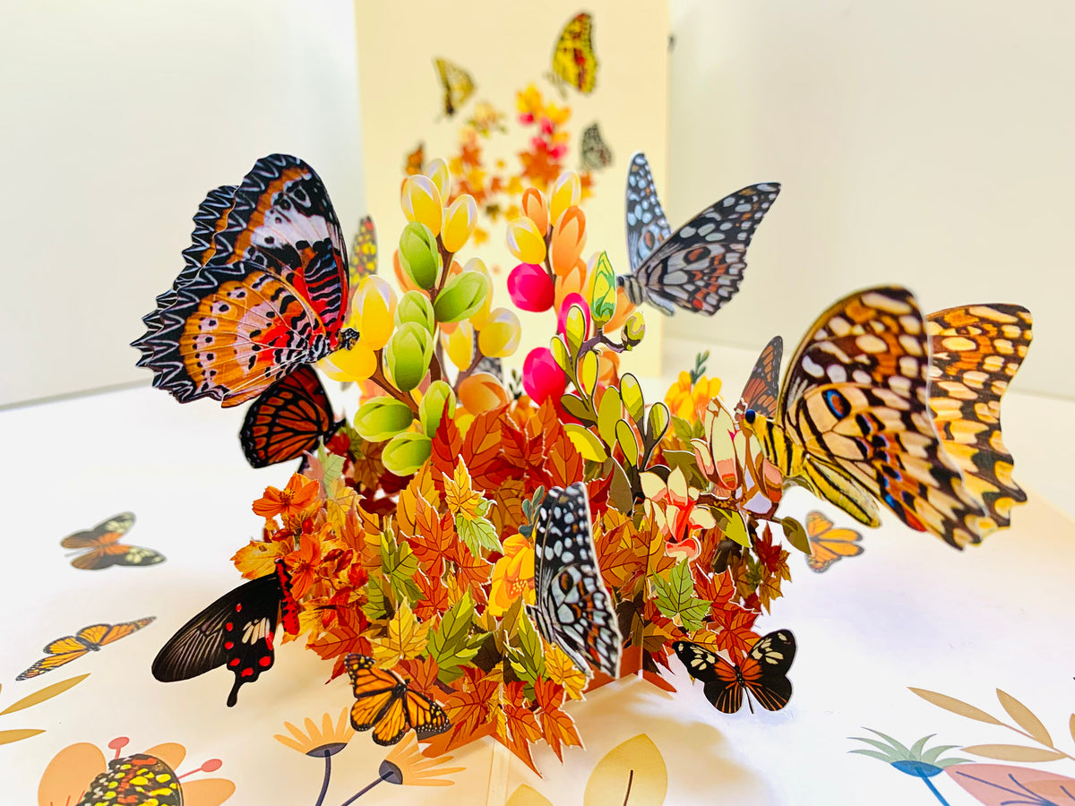 Butterflies Resting on a Bed of Autumn Leaves & Flowers Origami Pop Cards 3D Pop Up Greeting Card Happy Birthday Thank You Handmade Gift Thinking of You Blank Card for Any Occasion Happy Mother's Day Australiana Celebrate the Beauty of Flower