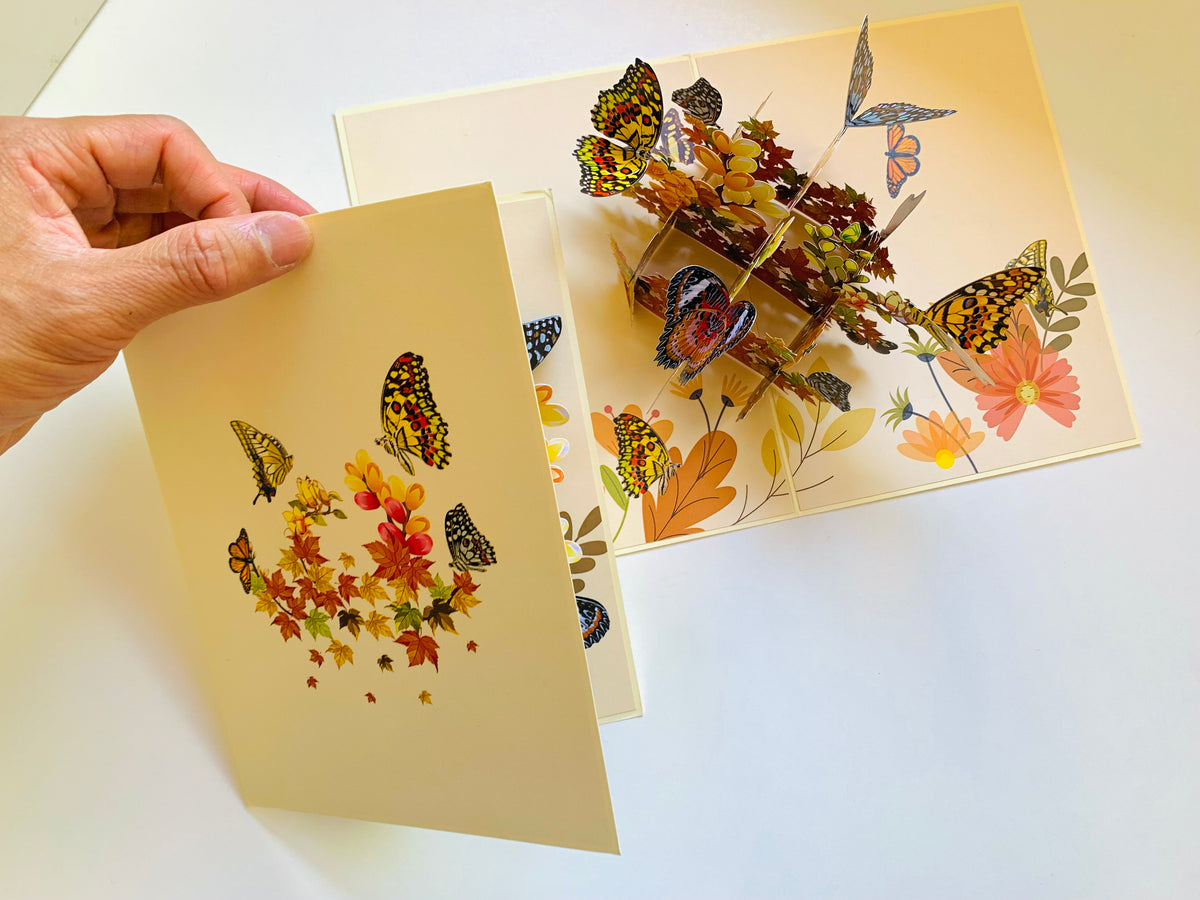 Butterflies Resting on a Bed of Autumn Leaves & Flowers Origami Pop Cards 3D Pop Up Greeting Card Happy Birthday Thank You Handmade Gift Thinking of You Blank Card for Any Occasion Happy Mother's Day Australiana Celebrate the Beauty of Flower