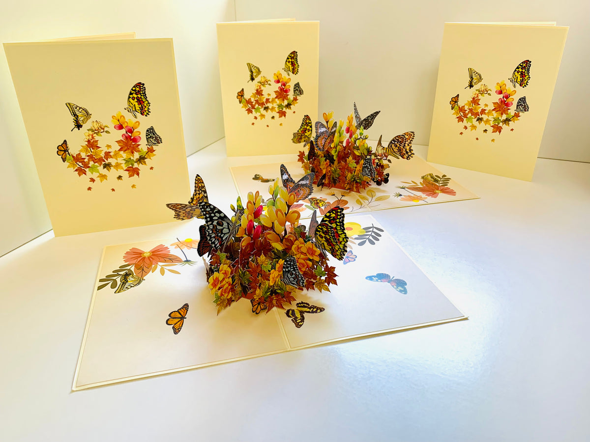 Butterflies Resting on a Bed of Autumn Leaves & Flowers Origami Pop Cards 3D Pop Up Greeting Card Happy Birthday Thank You Handmade Gift Thinking of You Blank Card for Any Occasion Happy Mother's Day Australiana Celebrate the Beauty of Flower
