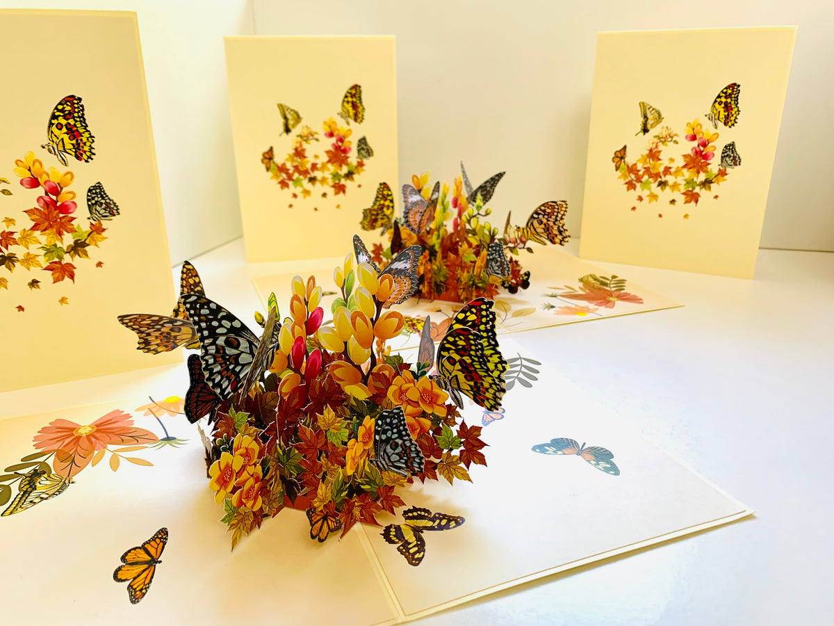 Butterflies Resting on a Bed of Autumn Leaves & Flowers Origami Pop Cards 3D Pop Up Greeting Card Happy Birthday Thank You Handmade Gift Thinking of You Blank Card for Any Occasion Happy Mother's Day Australiana Celebrate the Beauty of Flower