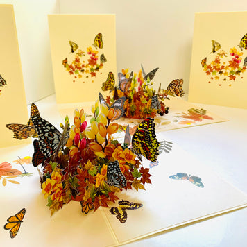 Butterflies Resting on a Bed of Autumn Leaves & Flowers Origami Pop Cards 3D Pop Up Greeting Card Happy Birthday Thank You Handmade Gift Thinking of You Blank Card for Any Occasion Happy Mother's Day Australiana Celebrate the Beauty of Flower