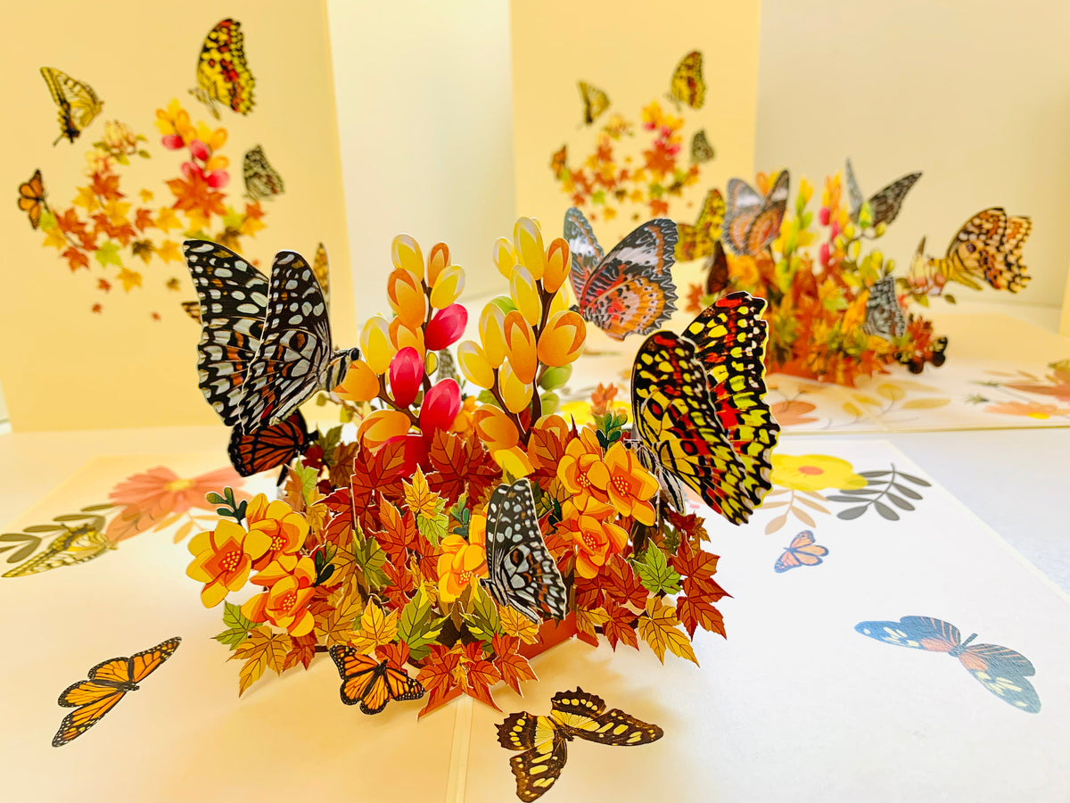 Butterflies Resting on a Bed of Autumn Leaves & Flowers Origami Pop Cards 3D Pop Up Greeting Card Happy Birthday Thank You Handmade Gift Thinking of You Blank Card for Any Occasion Happy Mother's Day Australiana Celebrate the Beauty of Flower
