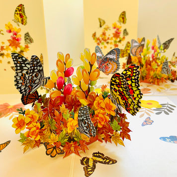 Butterflies Resting on a Bed of Autumn Leaves & Flowers Origami Pop Cards 3D Pop Up Greeting Card Happy Birthday Thank You Handmade Gift Thinking of You Blank Card for Any Occasion Happy Mother's Day Australiana Celebrate the Beauty of Flower