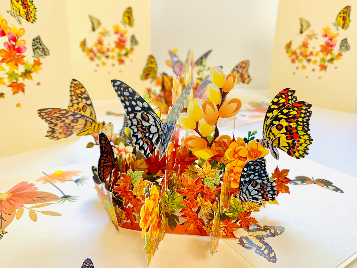 Butterflies Resting on a Bed of Autumn Leaves & Flowers Origami Pop Cards 3D Pop Up Greeting Card Happy Birthday Thank You Handmade Gift Thinking of You Blank Card for Any Occasion Happy Mother's Day Australiana Celebrate the Beauty of Flower