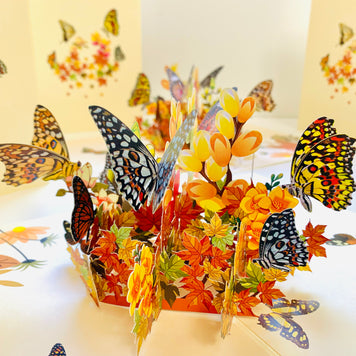 Butterflies Resting on a Bed of Autumn Leaves & Flowers Origami Pop Cards 3D Pop Up Greeting Card Happy Birthday Thank You Handmade Gift Thinking of You Blank Card for Any Occasion Happy Mother's Day Australiana Celebrate the Beauty of Flower