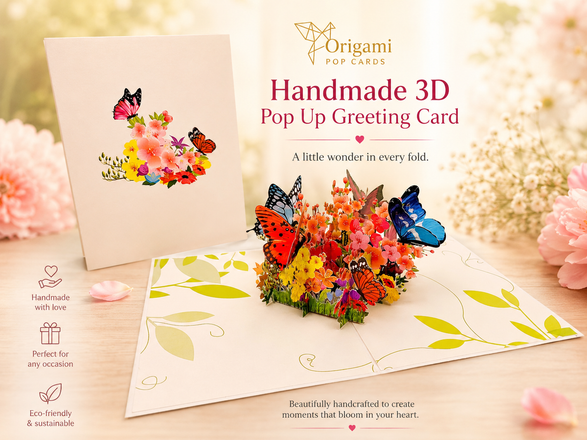 Butterflies Resting on a Bed of Spring Leaves & Flowers Origami Pop Cards 3D Pop Up Greeting Card Happy Birthday Thank You Handmade Gift Thinking of You Blank Card for Any Occasion Happy Mother's Day Australiana Celebrate the Beauty of Flower