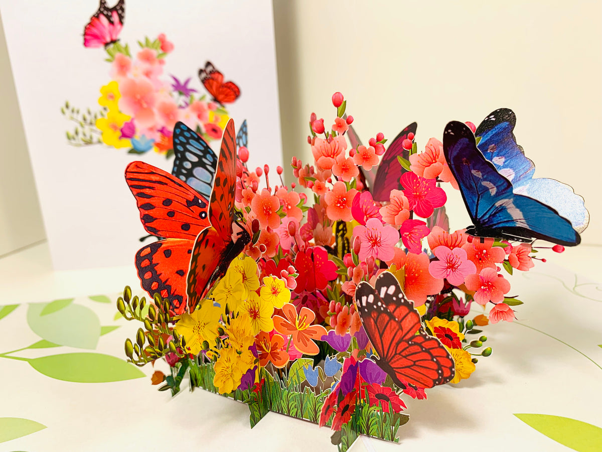 Butterflies Resting on a Bed of Spring Leaves & Flowers Origami Pop Cards 3D Pop Up Greeting Card Happy Birthday Thank You Handmade Gift Thinking of You Blank Card for Any Occasion Happy Mother's Day Australiana Celebrate the Beauty of Flower