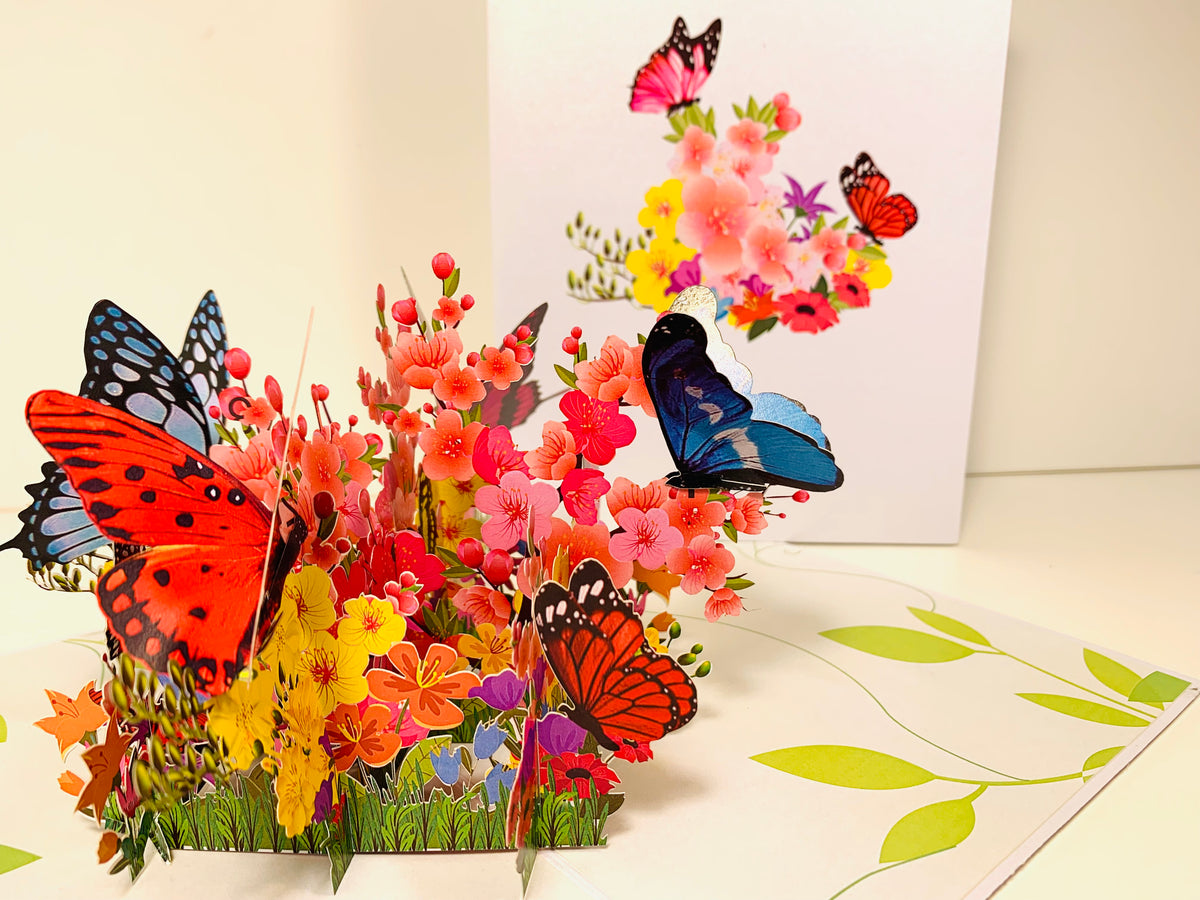 Butterflies Resting on a Bed of Spring Leaves & Flowers Origami Pop Cards 3D Pop Up Greeting Card Happy Birthday Thank You Handmade Gift Thinking of You Blank Card for Any Occasion Happy Mother's Day Australiana Celebrate the Beauty of Flower