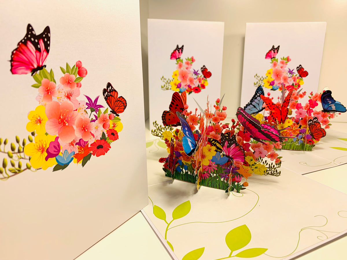 Butterflies Resting on a Bed of Spring Leaves & Flowers Origami Pop Cards 3D Pop Up Greeting Card Happy Birthday Thank You Handmade Gift Thinking of You Blank Card for Any Occasion Happy Mother's Day Australiana Celebrate the Beauty of Flower
