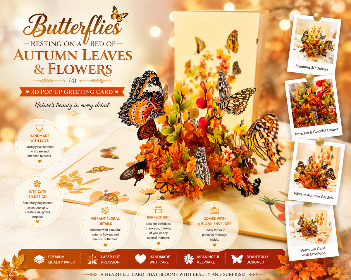 Butterflies Resting on a Bed of Autumn Leaves & Flowers Origami Pop Cards 3D Pop Up Greeting Card Happy Birthday Thank You Handmade Gift Thinking of You Blank Card for Any Occasion Happy Mother's Day Australiana Celebrate the Beauty of Flower