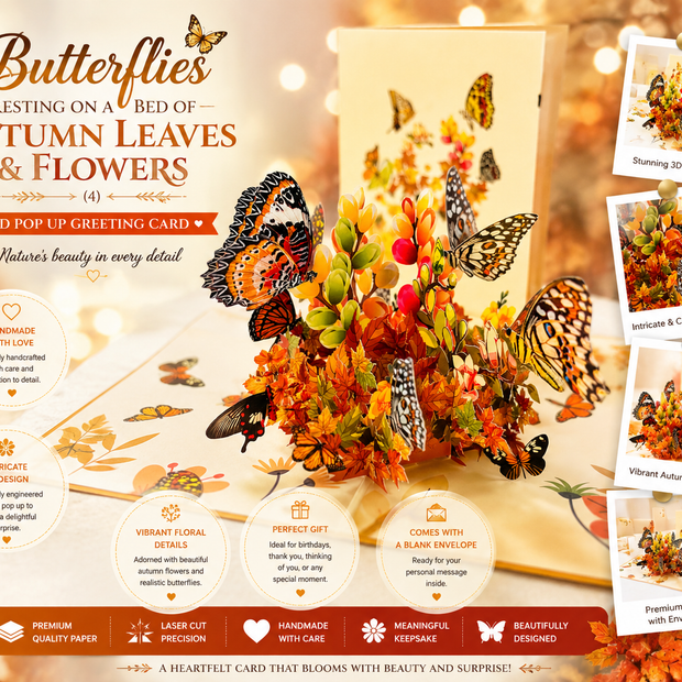 Butterflies Resting on a Bed of Autumn Leaves & Flowers Origami Pop Cards 3D Pop Up Greeting Card Happy Birthday Thank You Handmade Gift Thinking of You Blank Card for Any Occasion Happy Mother's Day Australiana Celebrate the Beauty of Flower