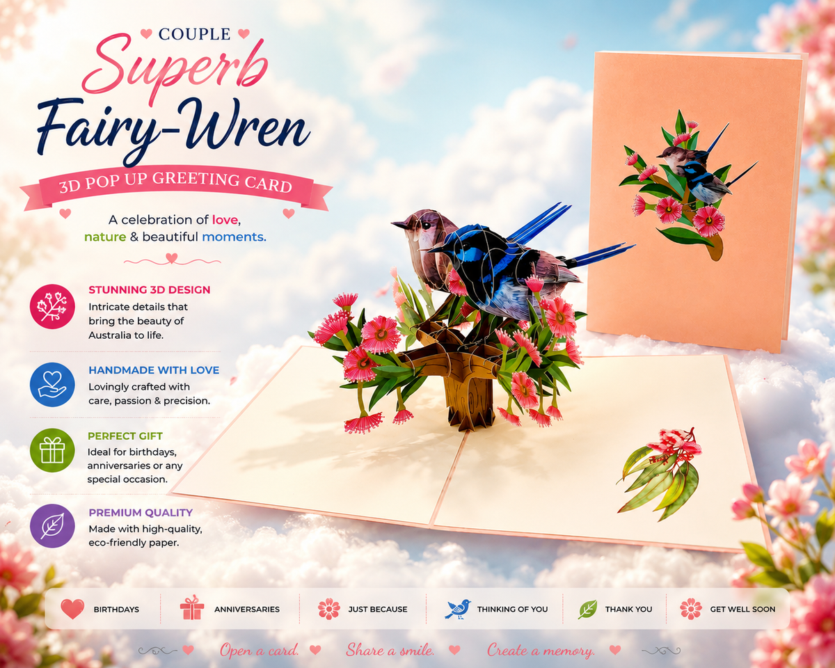 Lovebird Couple Superb Fairy-Wren or Known as Blue Wren Aussie Bird Origami Pop Cards 3D Pop Up Greeting Card Best Wishes Happy Birthday Gift Thank You Handmade Blank Card for Any Occasion Happy Mother's Day Happy Mother's Day Celebrate Beauty of Flower