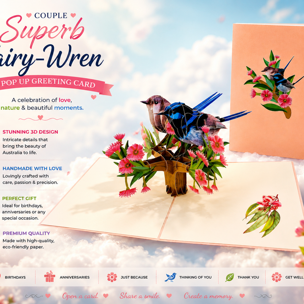 Lovebird Couple Superb Fairy-Wren or Known as Blue Wren Aussie Bird Origami Pop Cards 3D Pop Up Greeting Card Best Wishes Happy Birthday Gift Thank You Handmade Blank Card for Any Occasion Happy Mother's Day Happy Mother's Day Celebrate Beauty of Flower