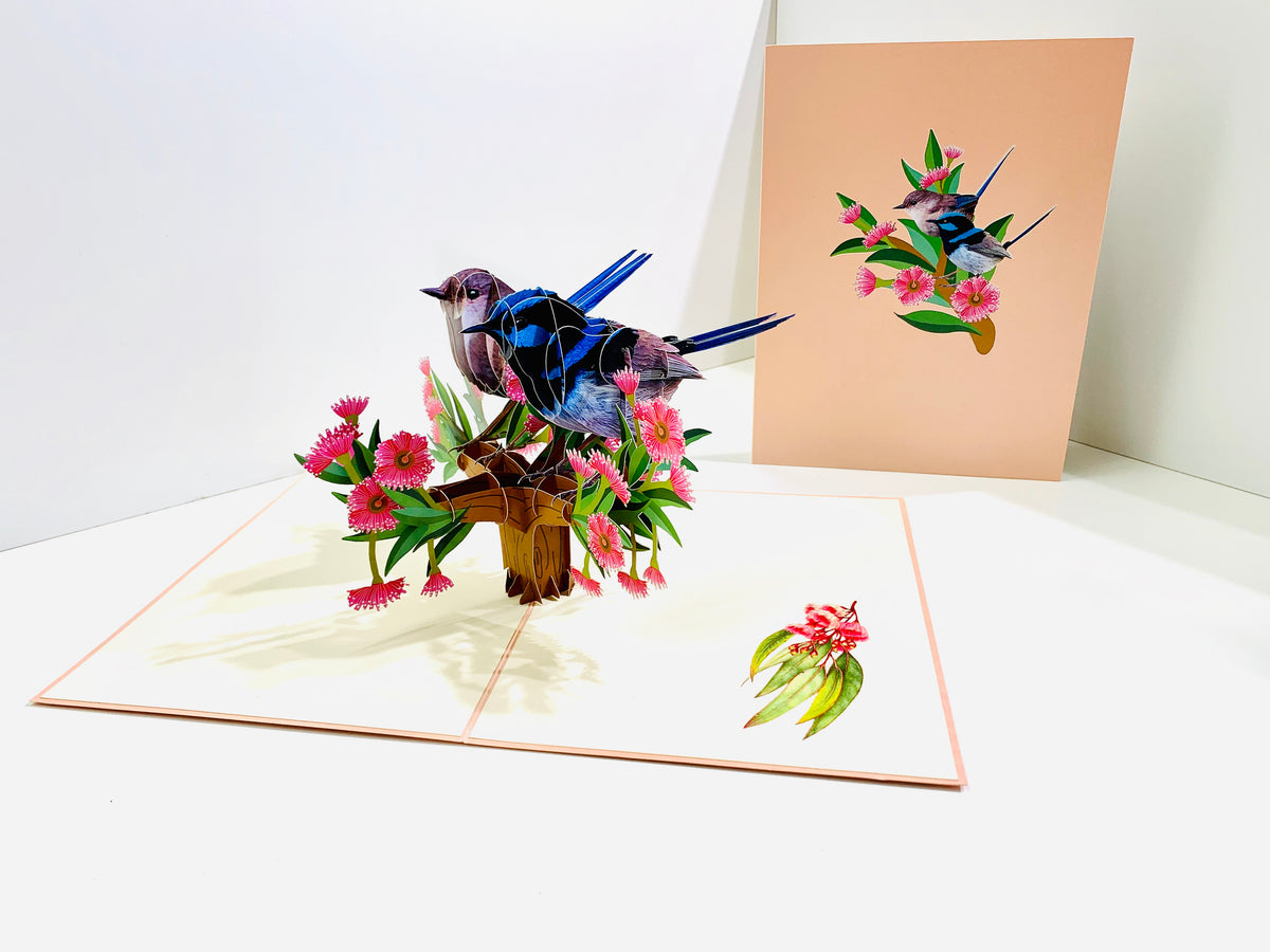 Lovebird Couple Superb Fairy-Wren or Known as Blue Wren Aussie Bird Origami Pop Cards 3D Pop Up Greeting Card Best Wishes Happy Birthday Gift Thank You Handmade Blank Card for Any Occasion Happy Mother's Day Happy Mother's Day Celebrate Beauty of Flower