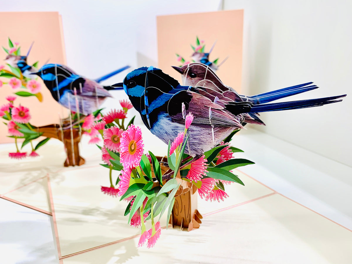 Lovebird Couple Superb Fairy-Wren or Known as Blue Wren Aussie Bird Origami Pop Cards 3D Pop Up Greeting Card Best Wishes Happy Birthday Gift Thank You Handmade Blank Card for Any Occasion Happy Mother's Day Happy Mother's Day Celebrate Beauty of Flower