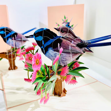 Lovebird Couple Superb Fairy-Wren or Known as Blue Wren Aussie Bird Origami Pop Cards 3D Pop Up Greeting Card Best Wishes Happy Birthday Gift Thank You Handmade Blank Card for Any Occasion Happy Mother's Day Happy Mother's Day Celebrate Beauty of Flower
