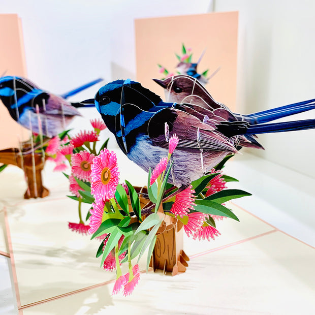 Lovebird Couple Superb Fairy-Wren or Known as Blue Wren Aussie Bird Origami Pop Cards 3D Pop Up Greeting Card Best Wishes Happy Birthday Gift Thank You Handmade Blank Card for Any Occasion Happy Mother's Day Happy Mother's Day Celebrate Beauty of Flower
