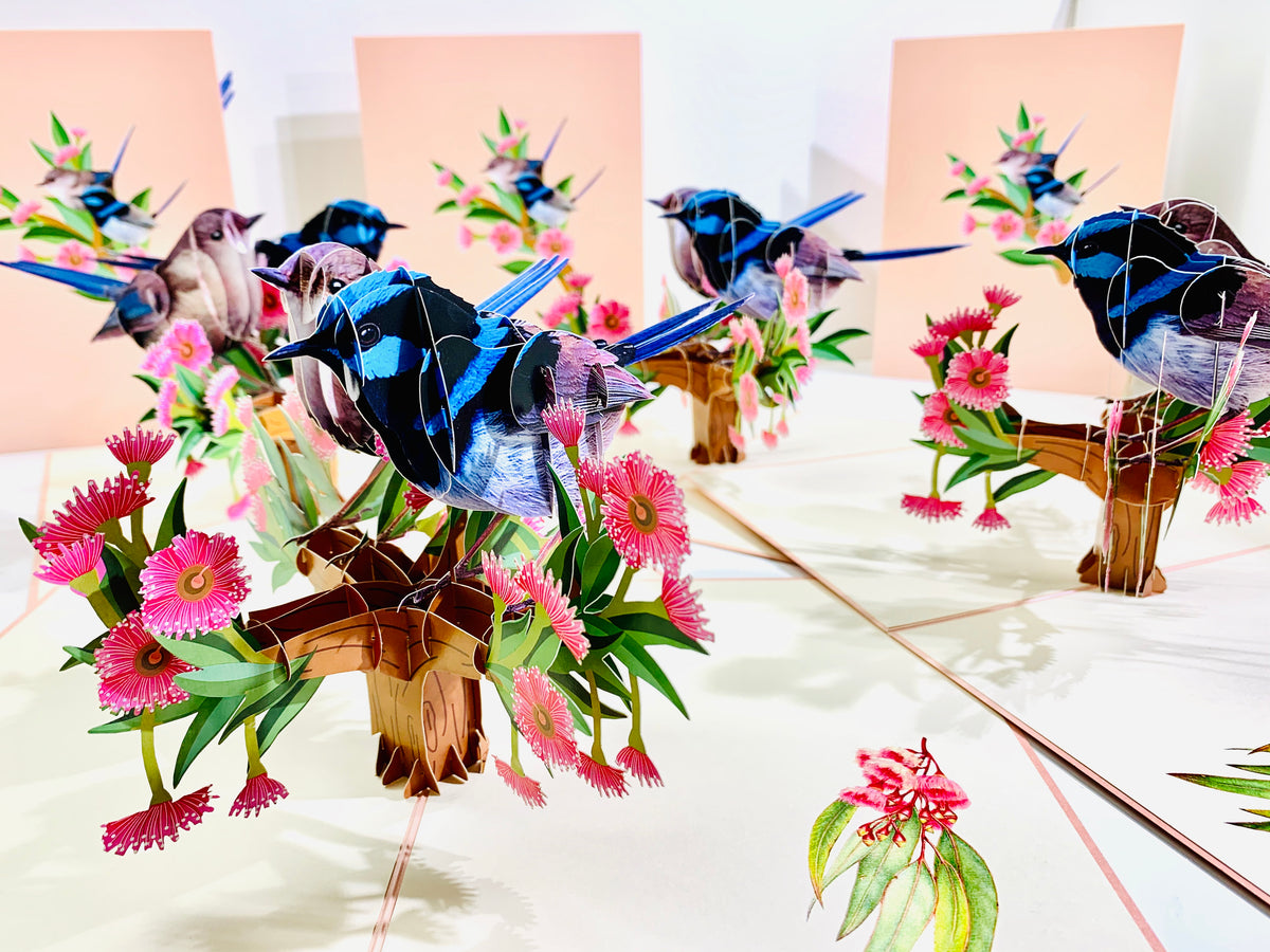 Lovebird Couple Superb Fairy-Wren or Known as Blue Wren Aussie Bird Origami Pop Cards 3D Pop Up Greeting Card Best Wishes Happy Birthday Gift Thank You Handmade Blank Card for Any Occasion Happy Mother's Day Happy Mother's Day Celebrate Beauty of Flower