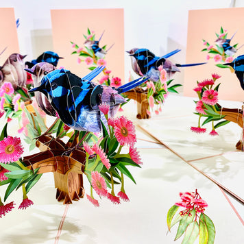 Lovebird Couple Superb Fairy-Wren or Known as Blue Wren Aussie Bird Origami Pop Cards 3D Pop Up Greeting Card Best Wishes Happy Birthday Gift Thank You Handmade Blank Card for Any Occasion Happy Mother's Day Happy Mother's Day Celebrate Beauty of Flower