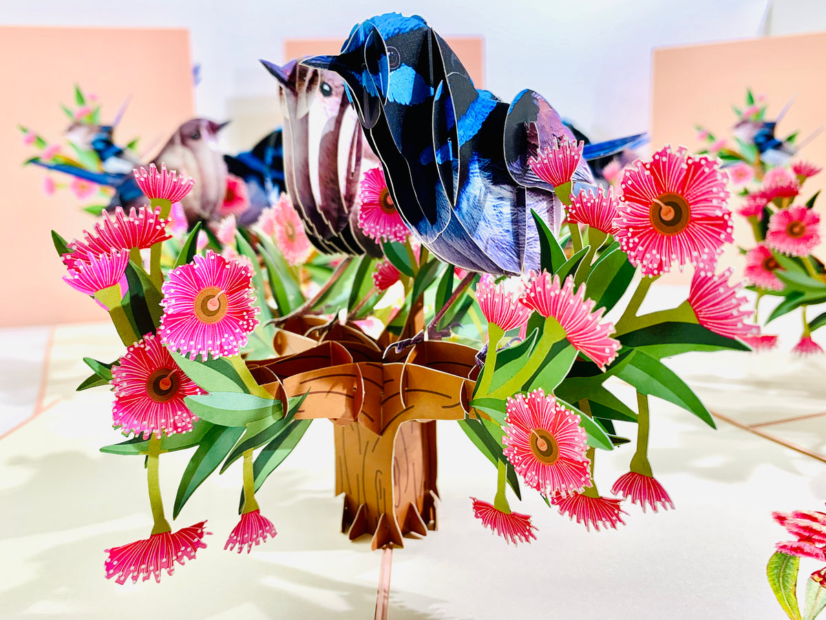 Lovebird Couple Superb Fairy-Wren or Known as Blue Wren Aussie Bird Origami Pop Cards 3D Pop Up Greeting Card Best Wishes Happy Birthday Gift Thank You Handmade Blank Card for Any Occasion Happy Mother's Day Happy Mother's Day Celebrate Beauty of Flower