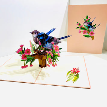 Lovebird Couple Superb Fairy-Wren or Known as Blue Wren Aussie Bird Origami Pop Cards 3D Pop Up Greeting Card Best Wishes Happy Birthday Gift Thank You Handmade Blank Card for Any Occasion Happy Mother's Day Happy Mother's Day Celebrate Beauty of Flower