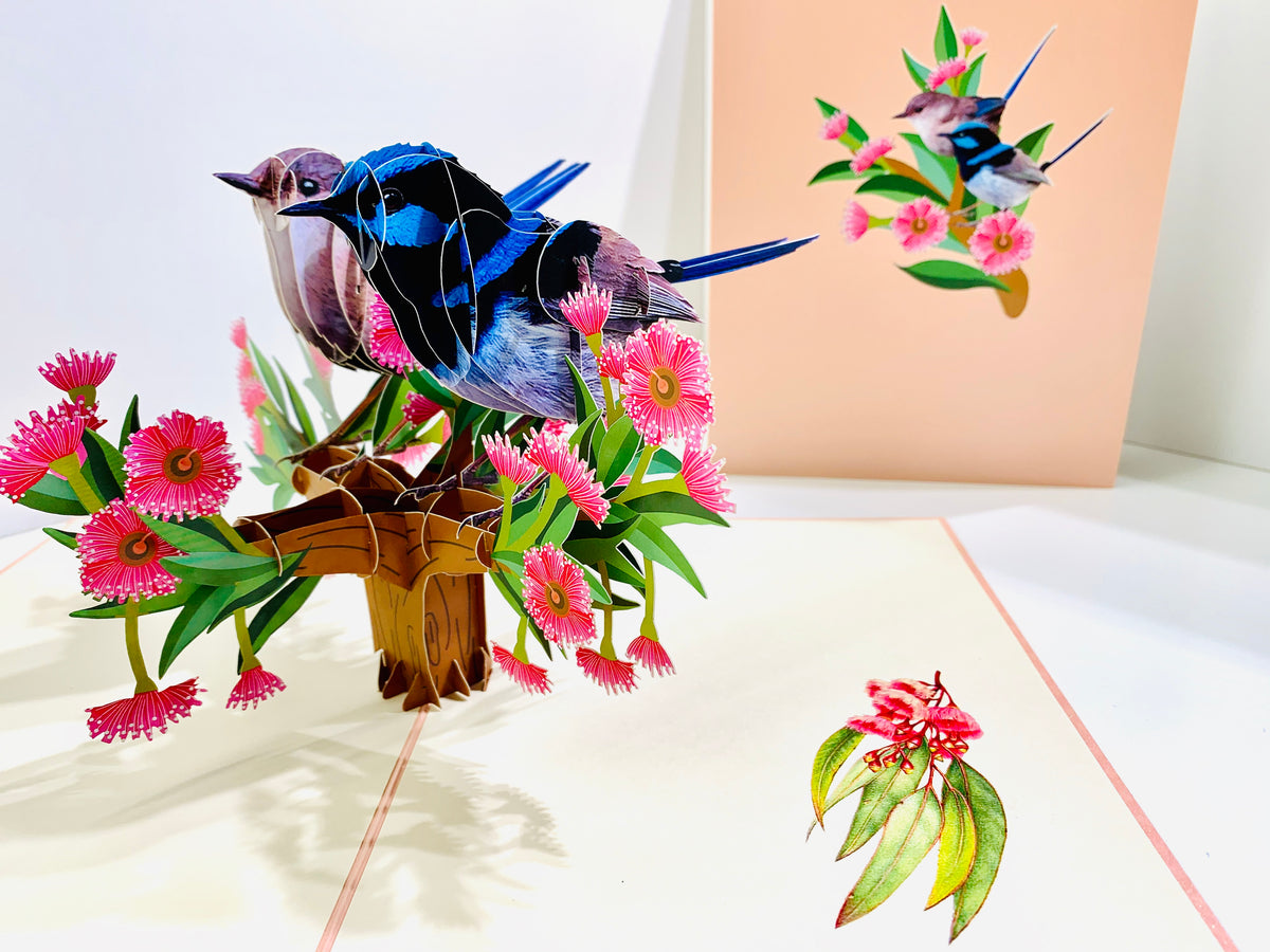 Lovebird Couple Superb Fairy-Wren or Known as Blue Wren Aussie Bird Origami Pop Cards 3D Pop Up Greeting Card Best Wishes Happy Birthday Gift Thank You Handmade Blank Card for Any Occasion Happy Mother's Day Happy Mother's Day Celebrate Beauty of Flower
