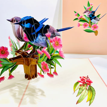 Lovebird Couple Superb Fairy-Wren or Known as Blue Wren Aussie Bird Origami Pop Cards 3D Pop Up Greeting Card Best Wishes Happy Birthday Gift Thank You Handmade Blank Card for Any Occasion Happy Mother's Day Happy Mother's Day Celebrate Beauty of Flower