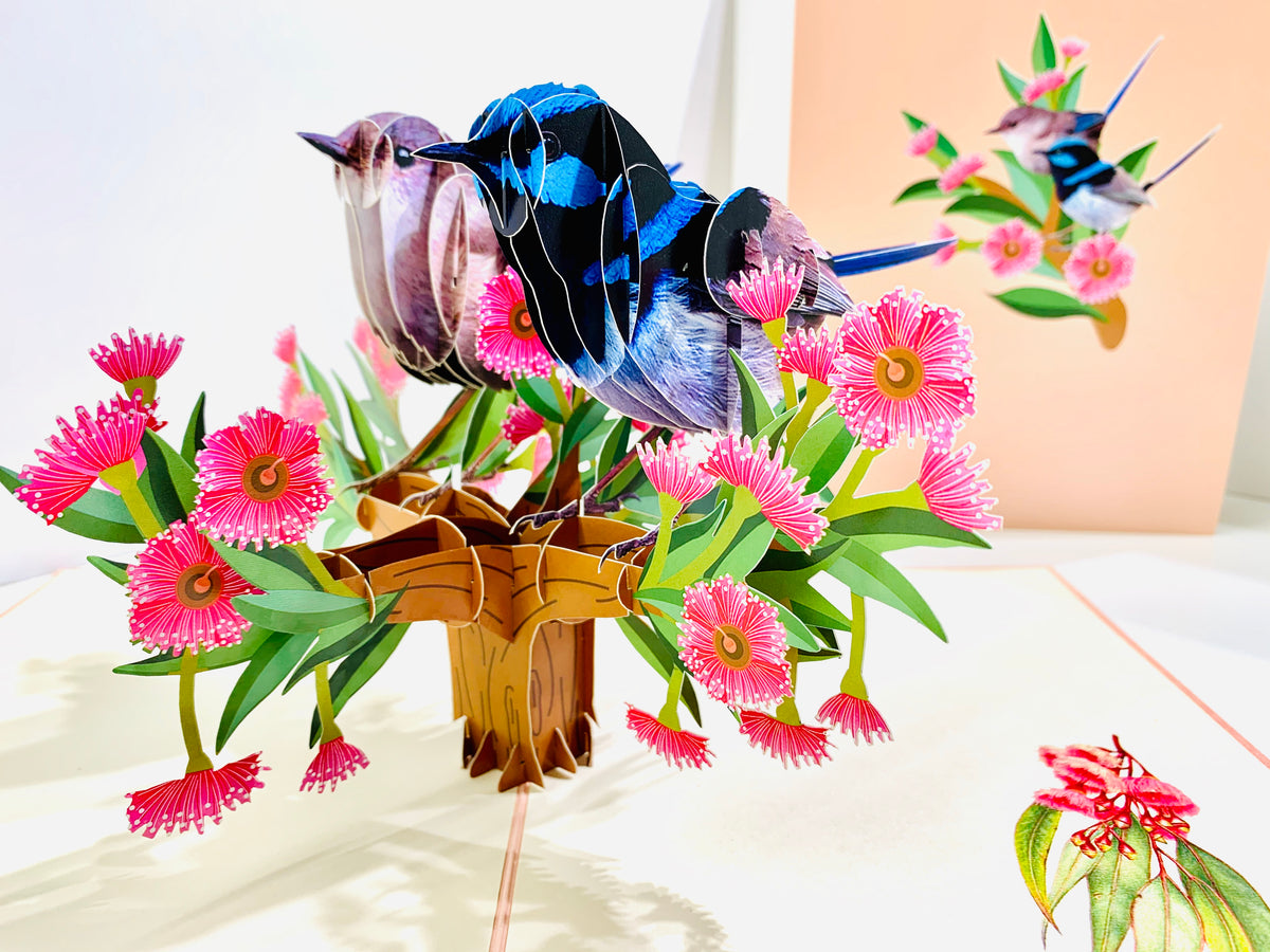 Lovebird Couple Superb Fairy-Wren or Known as Blue Wren Aussie Bird Origami Pop Cards 3D Pop Up Greeting Card Best Wishes Happy Birthday Gift Thank You Handmade Blank Card for Any Occasion Happy Mother's Day Happy Mother's Day Celebrate Beauty of Flower