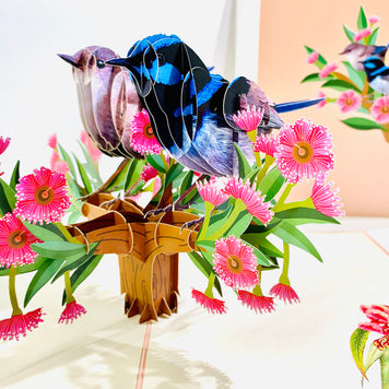 Lovebird Couple Superb Fairy-Wren or Known as Blue Wren Aussie Bird Origami Pop Cards 3D Pop Up Greeting Card Best Wishes Happy Birthday Gift Thank You Handmade Blank Card for Any Occasion Happy Mother's Day Happy Mother's Day Celebrate Beauty of Flower