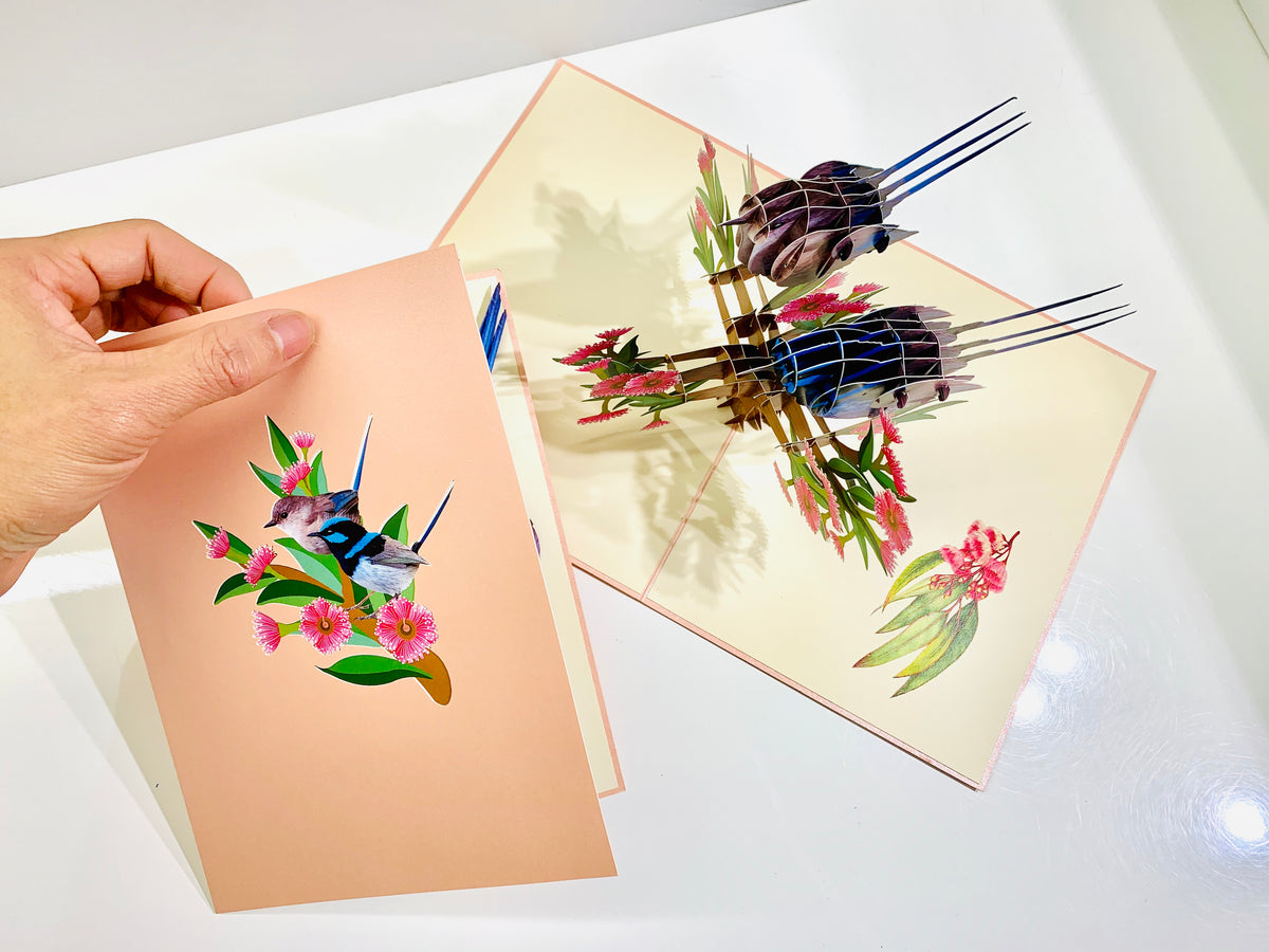 Lovebird Couple Superb Fairy-Wren or Known as Blue Wren Aussie Bird Origami Pop Cards 3D Pop Up Greeting Card Best Wishes Happy Birthday Gift Thank You Handmade Blank Card for Any Occasion Happy Mother's Day Happy Mother's Day Celebrate Beauty of Flower