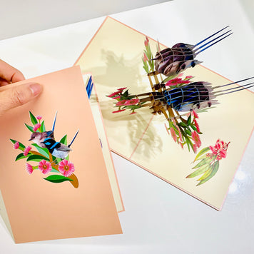 Lovebird Couple Superb Fairy-Wren or Known as Blue Wren Aussie Bird Origami Pop Cards 3D Pop Up Greeting Card Best Wishes Happy Birthday Gift Thank You Handmade Blank Card for Any Occasion Happy Mother's Day Happy Mother's Day Celebrate Beauty of Flower