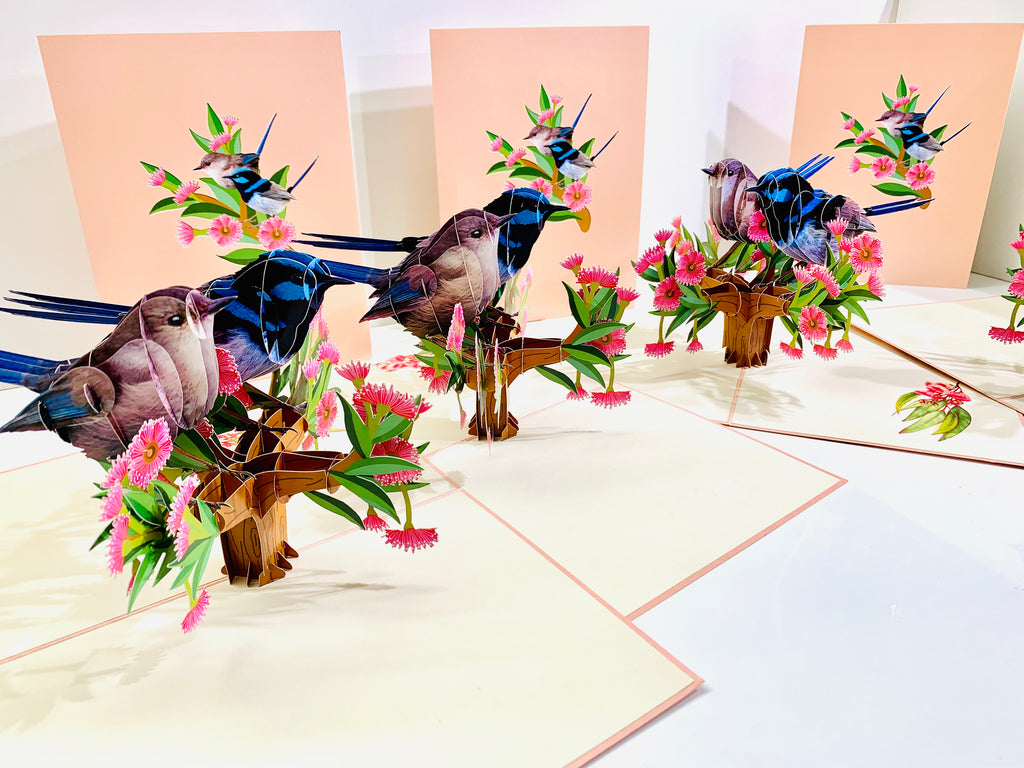 Lovebird Couple Superb Fairy-Wren or Known as Blue Wren Aussie Bird Origami Pop Cards 3D Pop Up Greeting Card Best Wishes Happy Birthday Gift Thank You Handmade Blank Card for Any Occasion Happy Mother's Day Happy Mother's Day Celebrate Beauty of Flower