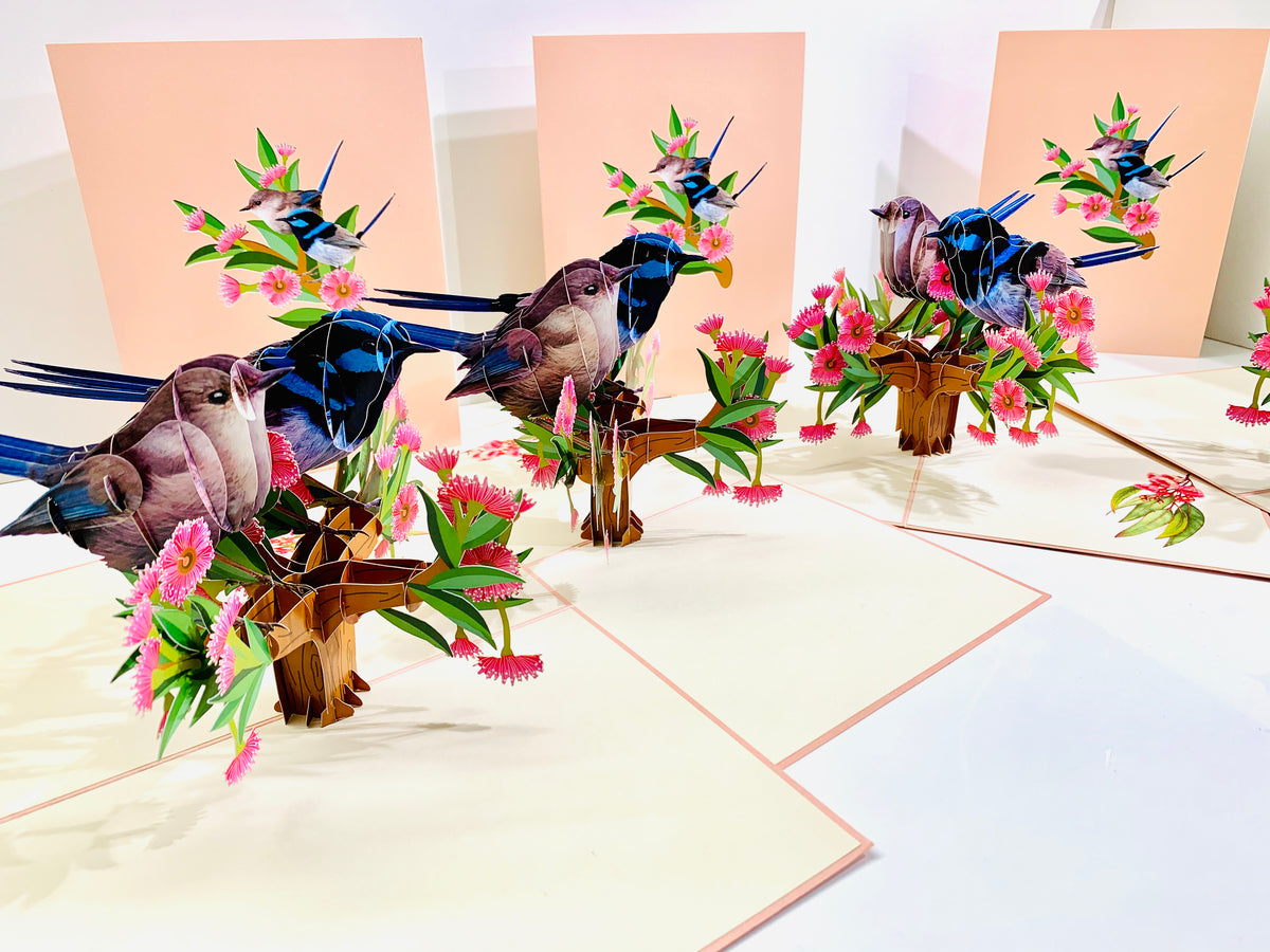 Lovebird Couple Superb Fairy-Wren or Known as Blue Wren Aussie Bird Origami Pop Cards 3D Pop Up Greeting Card Best Wishes Happy Birthday Gift Thank You Handmade Blank Card for Any Occasion Happy Mother's Day Happy Mother's Day Celebrate Beauty of Flower