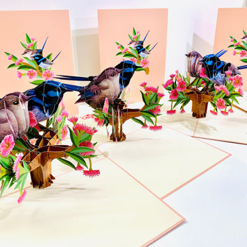 Lovebird Couple Superb Fairy-Wren or Known as Blue Wren Aussie Bird Origami Pop Cards 3D Pop Up Greeting Card Best Wishes Happy Birthday Gift Thank You Handmade Blank Card for Any Occasion Happy Mother's Day Happy Mother's Day Celebrate Beauty of Flower